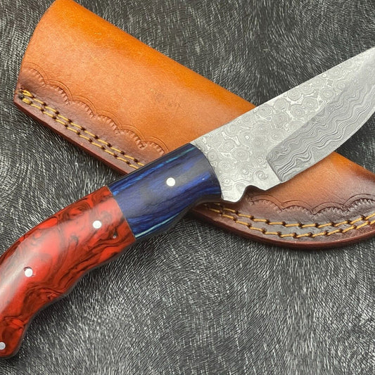 8 Inch Custom Handmade Damascus Bowie Knife with Resin and Hardwood Handle
