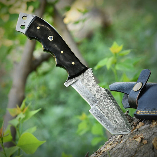 8 Inch Damascus Steel Bowie Tracker Knife with Bull Horn Handle