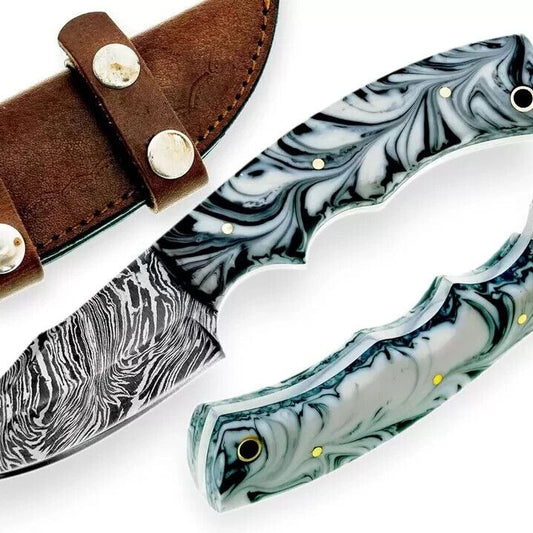 8 Inch Handmade Damascus Fixed Blade Knife with Resin Handle and Horizontal Sheath