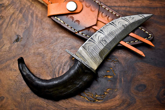 8 Inch Handmade Damascus Hunting Knife with Ram's Horn Handle by Heritage Forge


