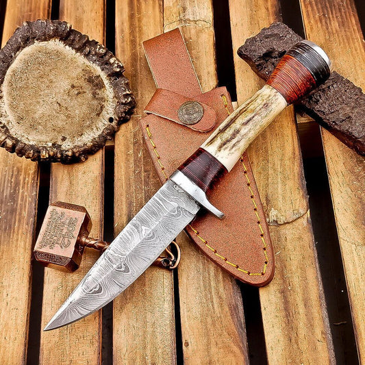 8 Inch Handmade Damascus Steel Bowie Knife with Stag Horn Handle and Steel Bolster