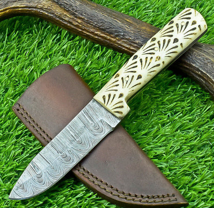8 Inch Handmade Damascus Steel Hunting Knife with Camel Bone Handle