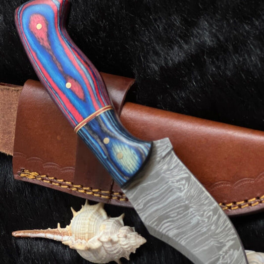 8 Inch Twist Damascus Bowie Knife with Camel Bone and Wood Handle