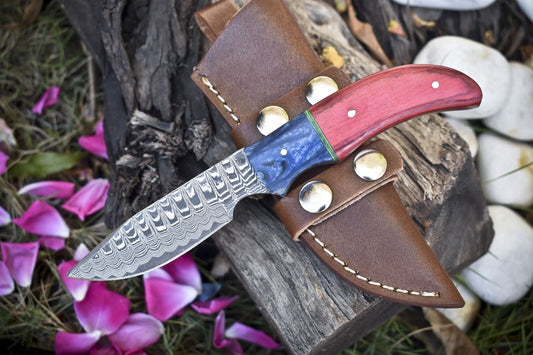 8" Ladder Damascus Skinner Knife Hardwood Handle Custom Gift Blade