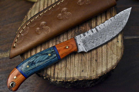 8" Ladder Damascus Skinner Knife Hardwood Handle Wooden Bolster Gift Knife