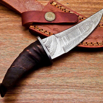 8" Ram Horn Damascus Steel Bowie Knife – Handmade Full Tang Hunting Blade