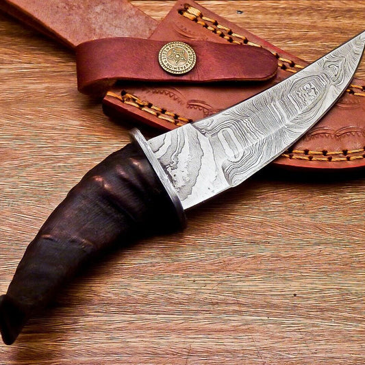 8" Ram Horn Damascus Steel Bowie Knife – Handmade Full Tang Hunting Blade