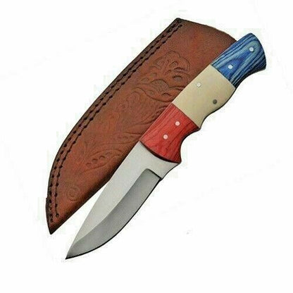 8" Red, White & Blue Skinner Knife – Full Tang Stainless Steel with Leather Sheath