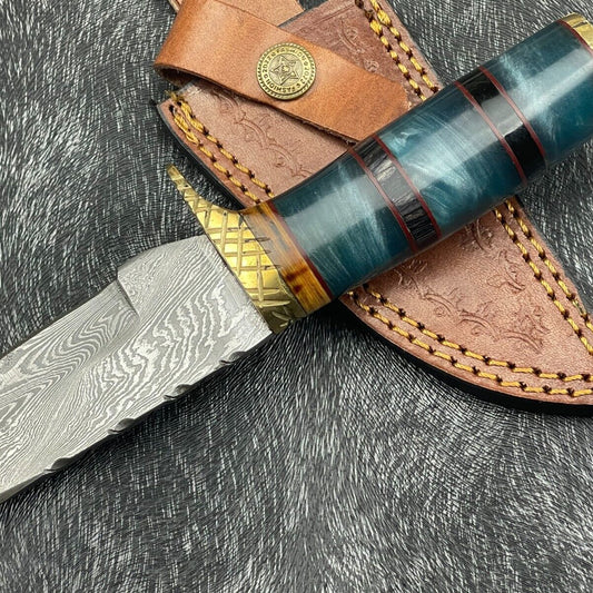8" Resin Handle Damascus Steel Bowie Knife – Hand-Forged Hunting & Camping Knife