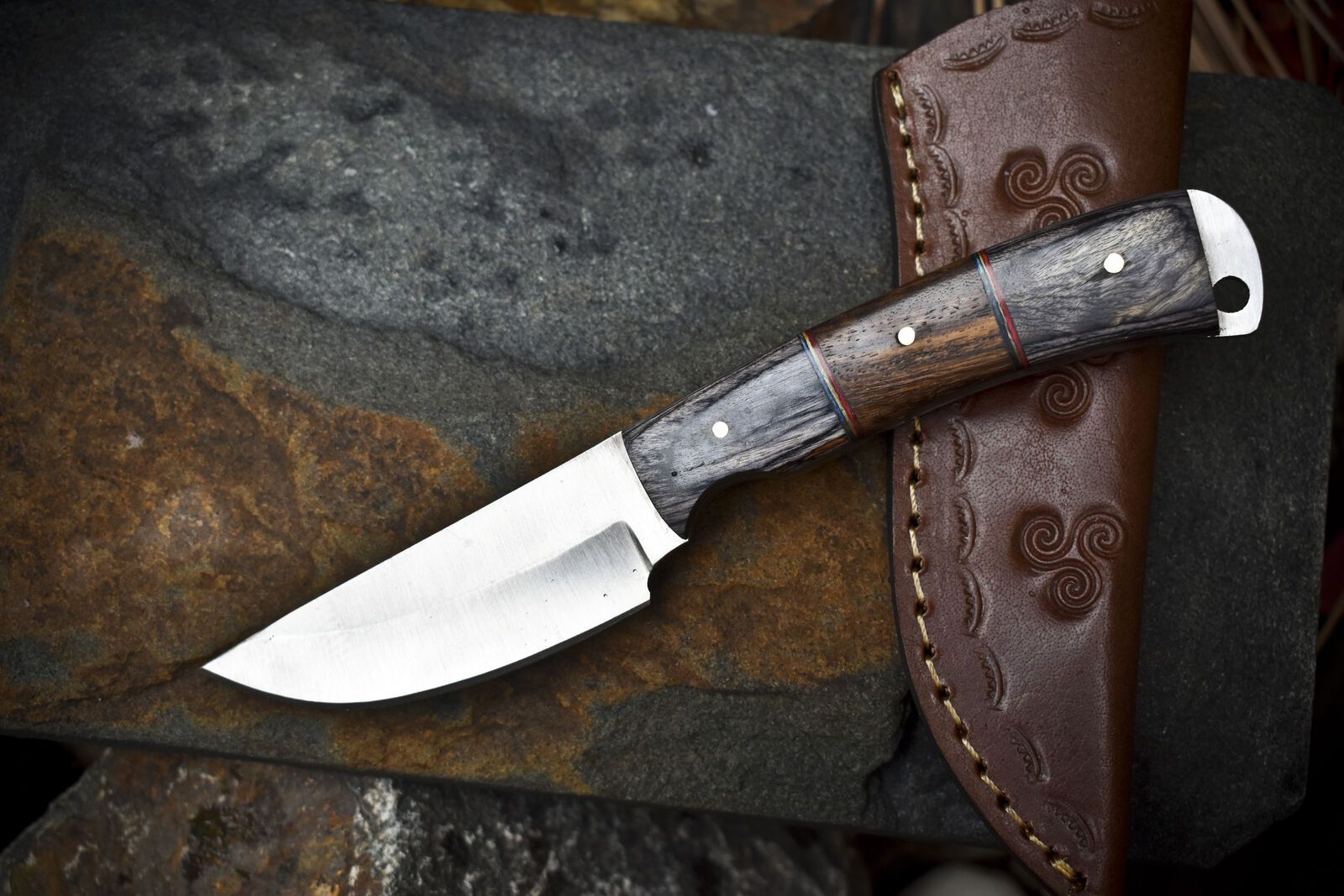 8" Skinner Knife AUS-8 Steel Hard Wood Handle Wooden Bolster with Leather Sheath