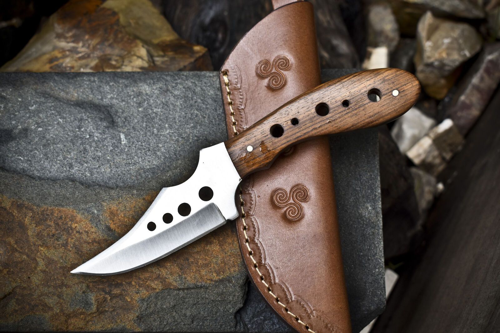 8" Skinner Knife AUS-8 Steel Walnut Wood Handle with Leather Sheath Hunting Veterans Gift