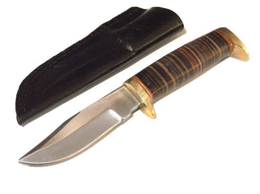8" Skinner Knife – Stainless Steel Blade, Stacked Leather Handle, Brass Guard, Leather Sheath