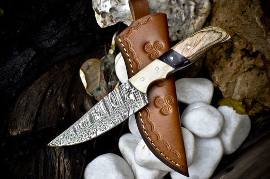 8" Skinner Knife Twist Damascus Mixed Handle Rare EDC Forged Blade
