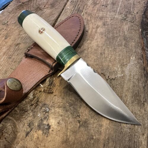 8" Stainless Steel Hunter/Skinner Knife with Camel Bone Handle & Leather Sheath – Handmade Fixed Blade