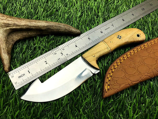 8"  Stainless Steel Skinner Hunting Knife with Wood Handle & Leather Sheath