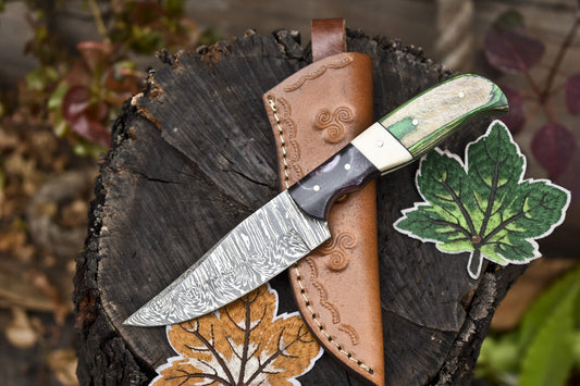8" Twist Damascus Skinner Knife Bone and Wood Handle Forged Camping Blade