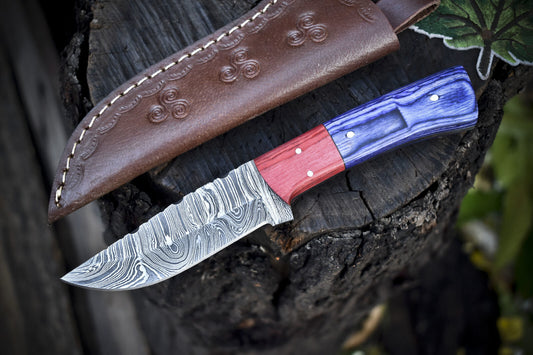 8" Twist Damascus Skinner Knife Hard Wood Handle Custom Handmade W/Sheath