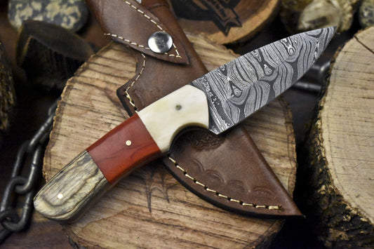 8" Twist Damascus Skinner Knife Mixed Material Handle Razor Sharp Blade w/Sheath