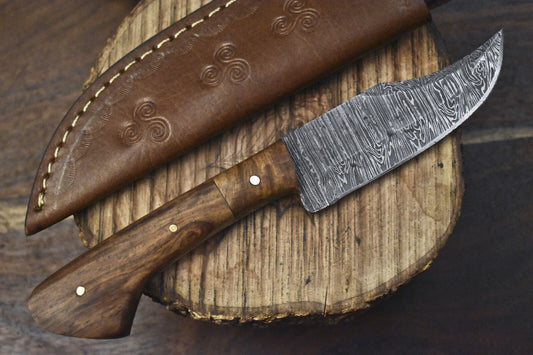 8" Twist Damascus Skinner Knife Walnut Wood Handle Wooden Bolster Custom Hunter

