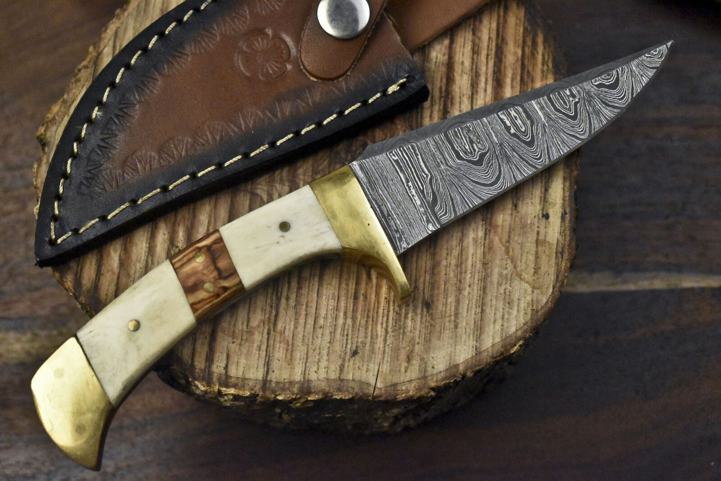 8" Twist Damascus Skinner Knife with Bone and Wood Handle and Brass Guard – Handmade EDC Blade