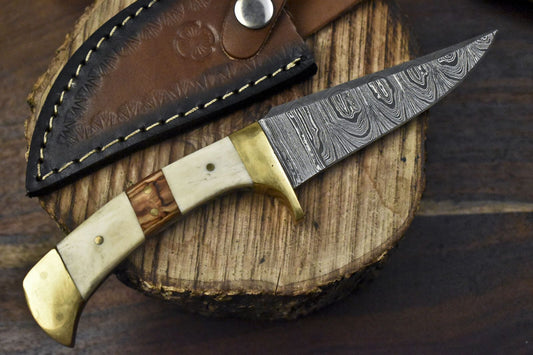 8" Twist Damascus Skinner Knife with Bone and Wood Handle and Brass Guard – Handmade EDC Blade