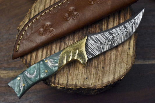 8" Twist Damascus Skinner Knife with Corian Handle and Brass Guard for Camping Closeout

