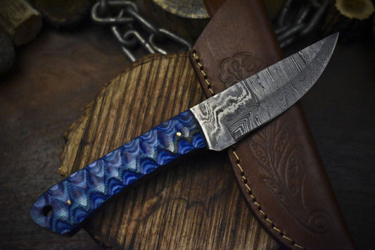 8" Twist Damascus Skinner Knife with Hard Wood Handle for Fishing and Veterans Gift