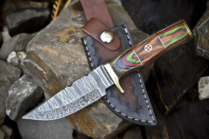 8" Twist Damascus Skinner Knife with Hardwood Handle and Brass Guard for Outdoor Use

