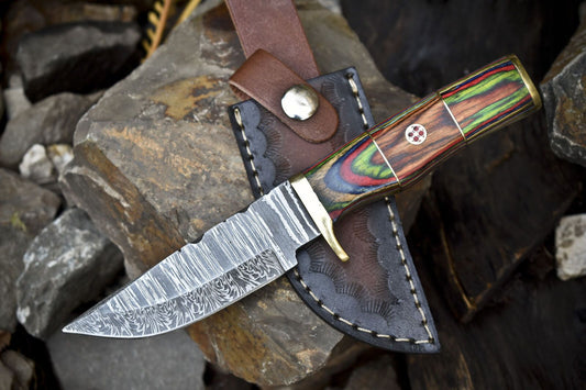 8" Twist Damascus Skinner Knife with Hardwood Handle and Brass Guard for Outdoor Use

