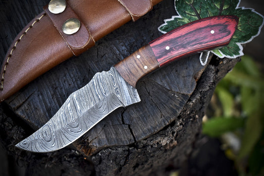 8" Twist Damascus Skinner Knife with Hardwood Handle and Wooden Bolster for Hunting and Sports