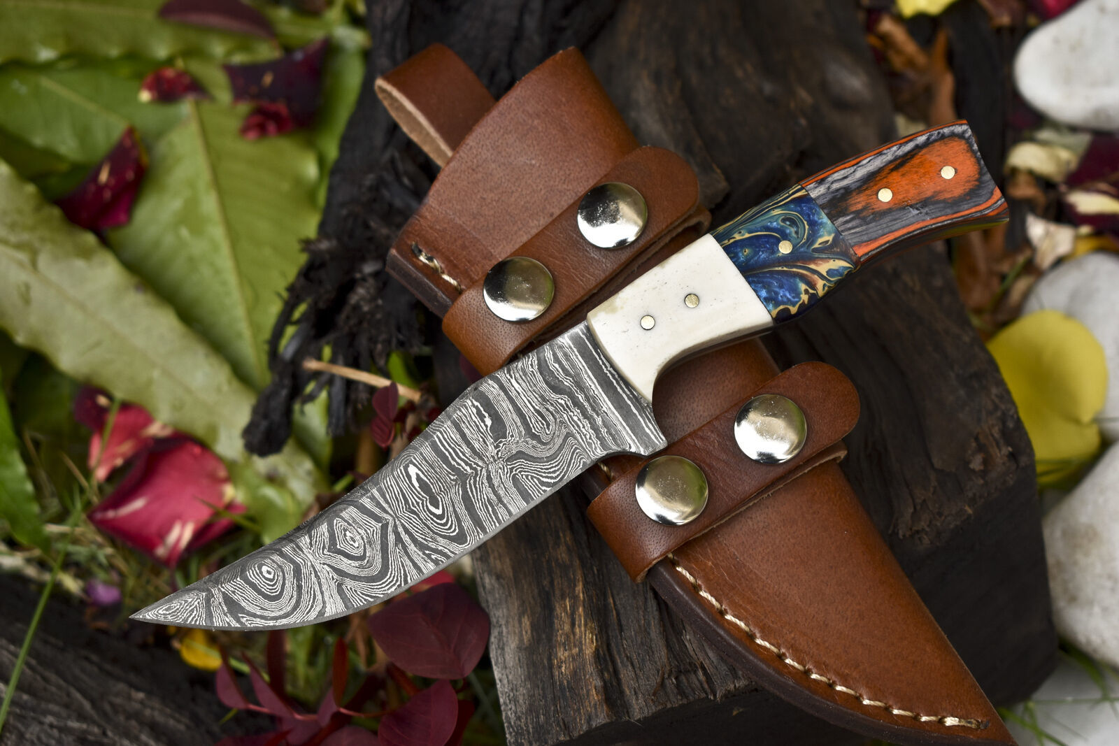 8" Twist Damascus Skinner Knife with Mixed Handle | Handmade Camping & Hunting Blade