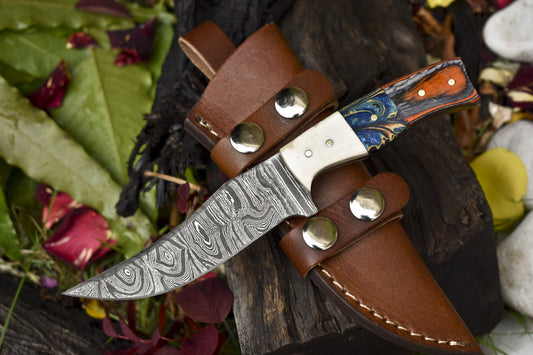 8" Twist Damascus Skinner Knife with Mixed Handle | Handmade Camping & Hunting Blade