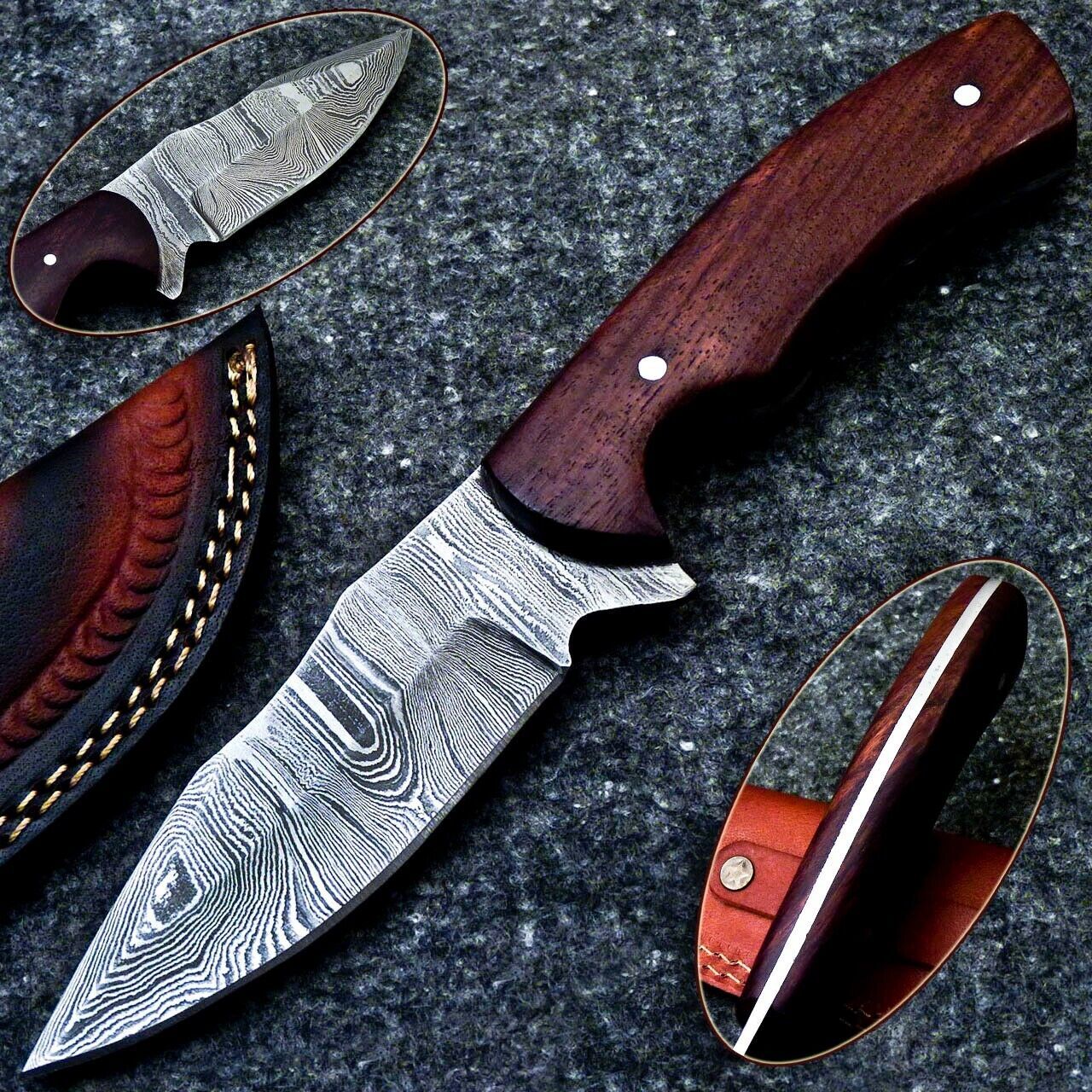 9.0" Custom Damascus Bowie Knife with Natural Wood Handle & Sheath