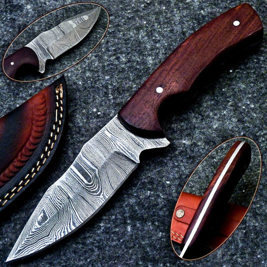 9.0" Custom Damascus Bowie Knife with Natural Wood Handle & Sheath