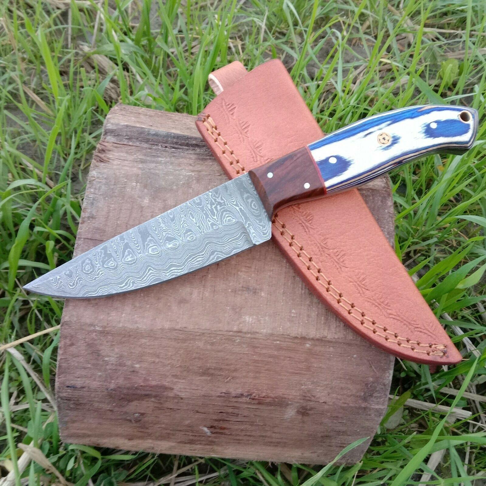 9.25" Damascus Bowie Knife Damascus Steel Knife With Pakka Wood Handle & Leather Sheath