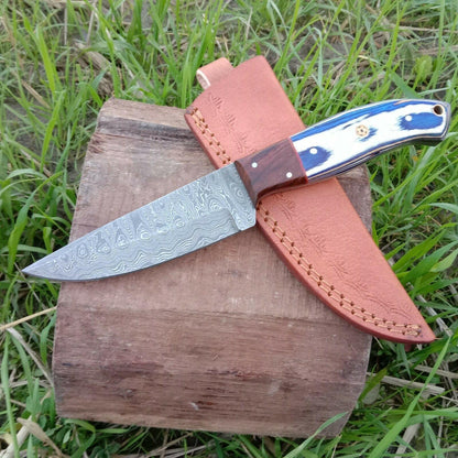 9.25" Damascus Bowie Knife Damascus Steel Knife With Pakka Wood Handle & Leather Sheath