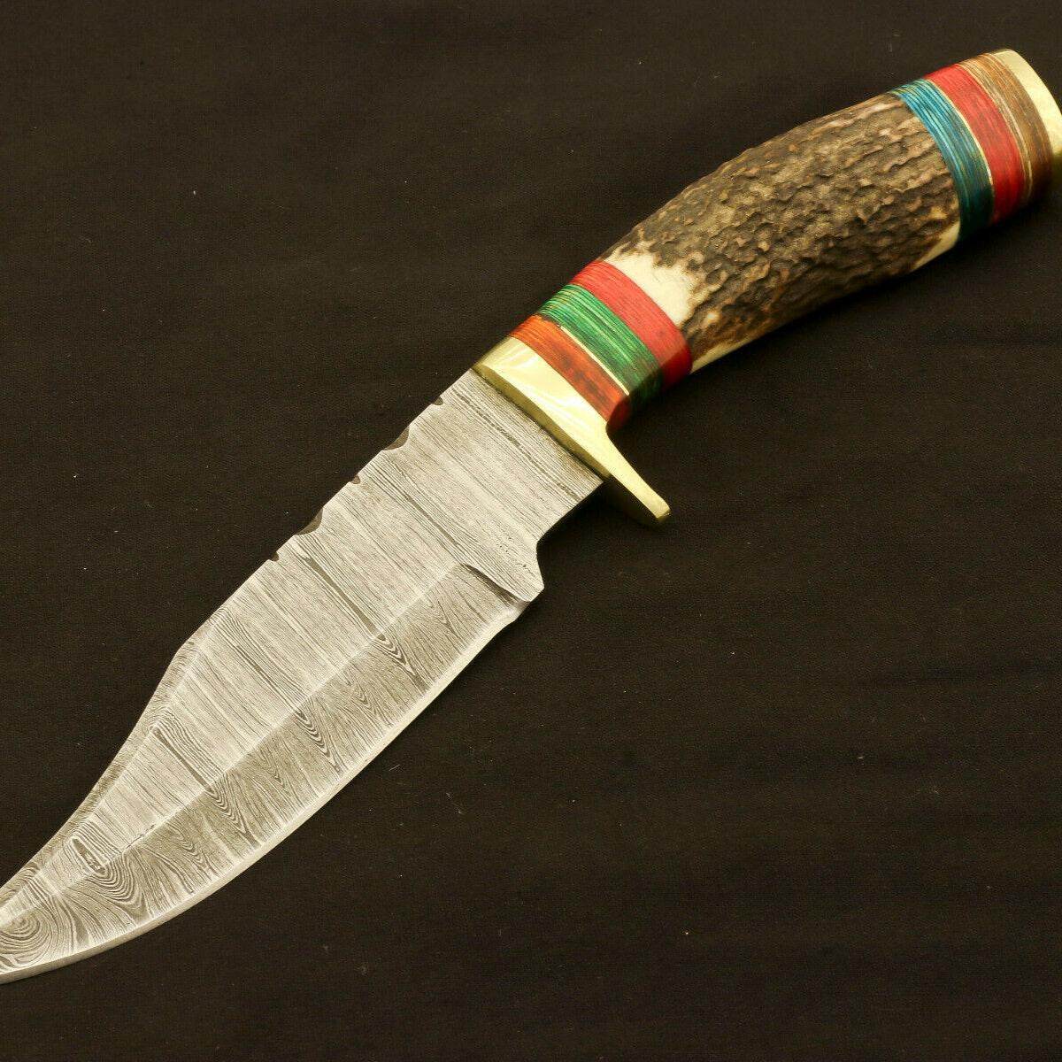 9.25" Damascus Bowie Knife with Stag & Pakka Wood Handle – Full Tang Blade
