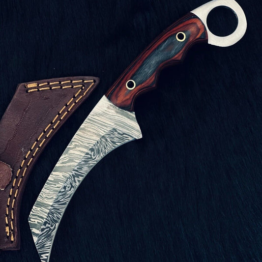 9.25" Twist Damascus Steel Bowie Knife – Handmade Camel Bone & Wood Handle