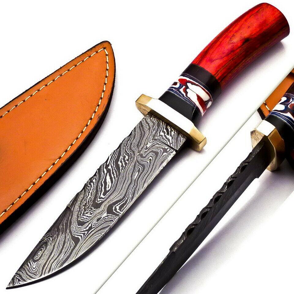 9.4" Damascus Bowie Hunting Knife – Walnut & Brass Handle with Leather Sheath