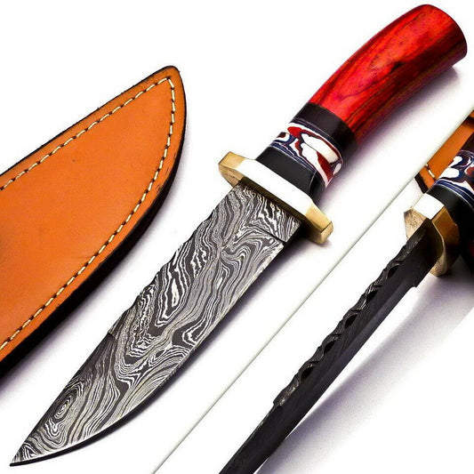 9.4" Damascus Bowie Hunting Knife – Walnut & Brass Handle with Leather Sheath