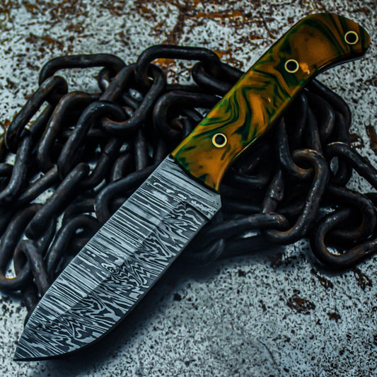 9.5" Custom Damascus Steel Bowie Knife – Resin Handle + Leather Sheath