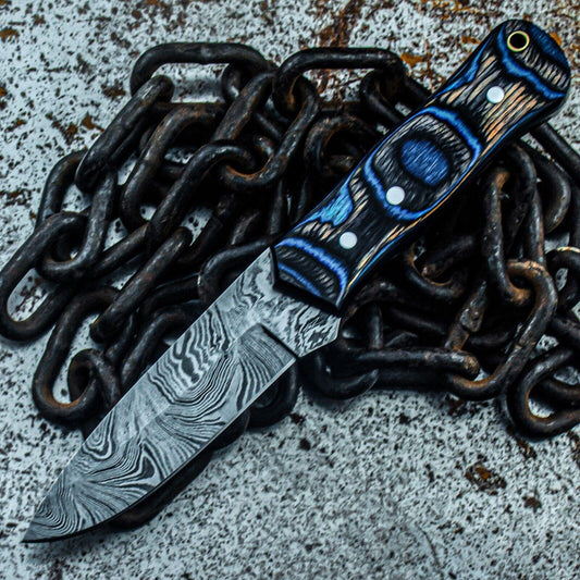 9.5" Custom Damascus Steel Bowie Knife with Wood Handle & Sheath