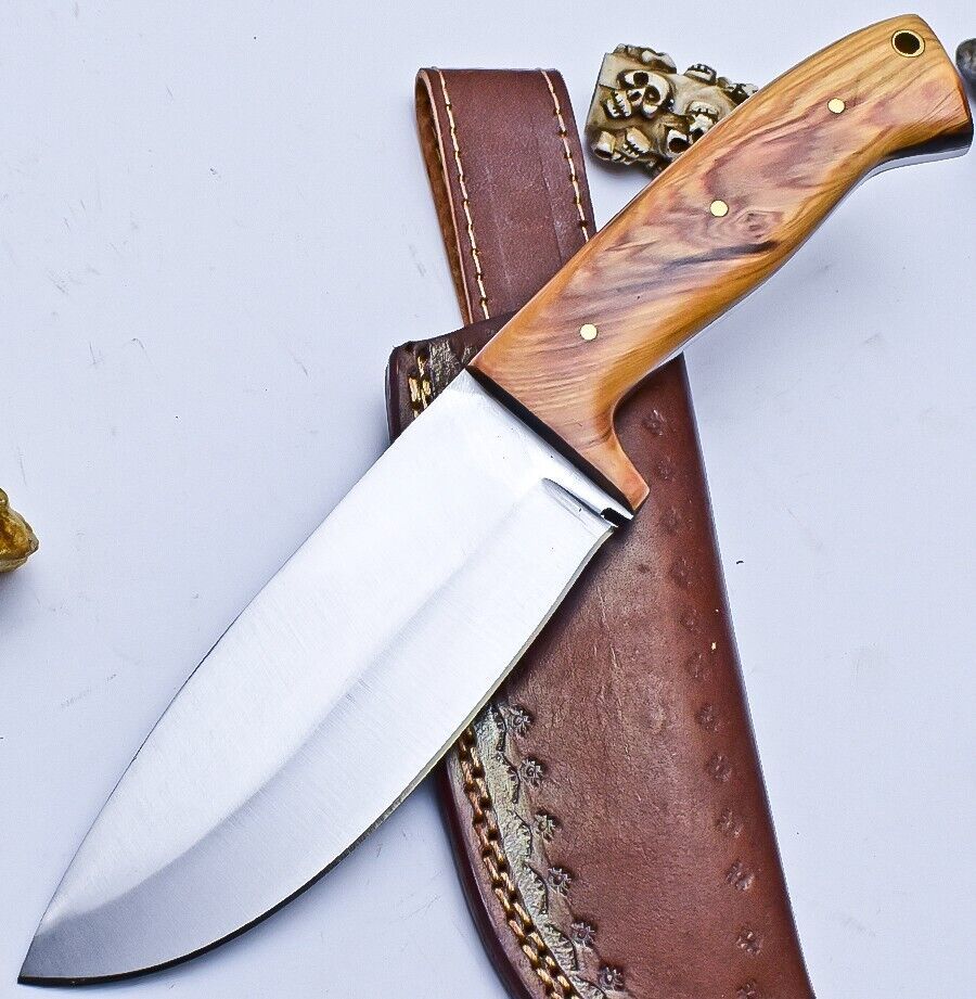 9.5" D2 Steel Hunting Skinner Knife with Wood Handle & Leather Sheath