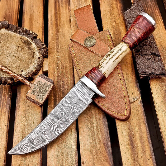 9.5" Damascus Bowie Knife | Stag Antler & Leather Sheath