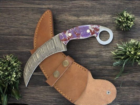 9.5” Damascus Karambit  Handmade Damascus Steel Karambit Knife with Premium Resin Handle