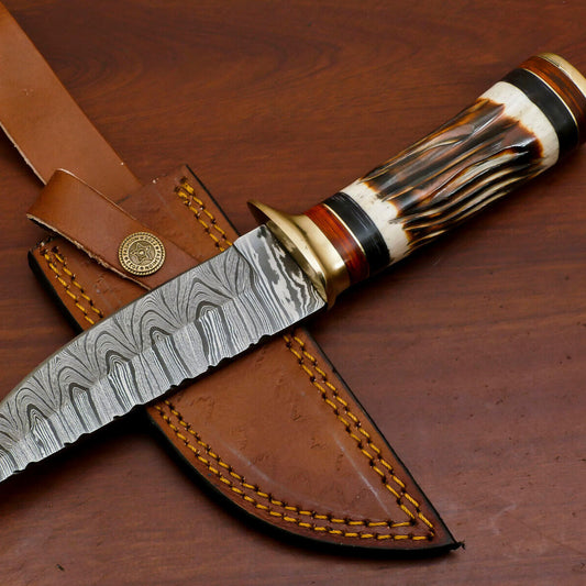 9.5" Damascus Steel Bowie Knife with Burn Camel Bone & Pakka Wood Handle – Custom Handmade Hunting Blade