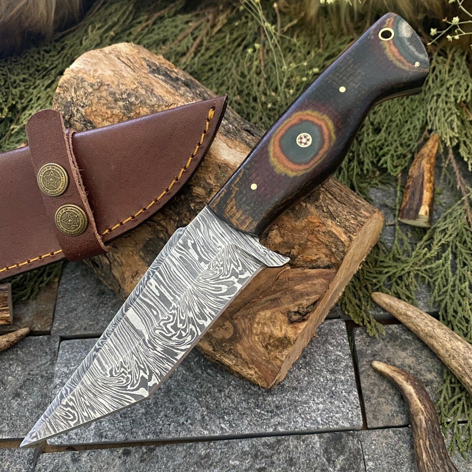 9.5" Damascus Tanto Bowie Knife | Handmade with Sheath