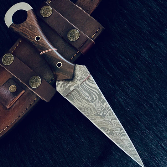 9.5" Fire Damascus Dagger Bowie Knife – with Wood Handle