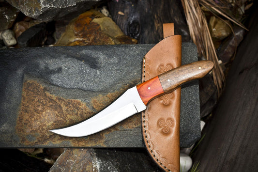 9.5" Hand Forged AUS-8 Steel Skinner Knife – Walnut Wood Handle with Leather Sheath