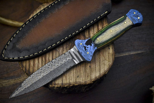 9.5" Hand Forged Ladder Damascus Skinner Knife with Hardwood Handle and Micarta Bolster for EDC

